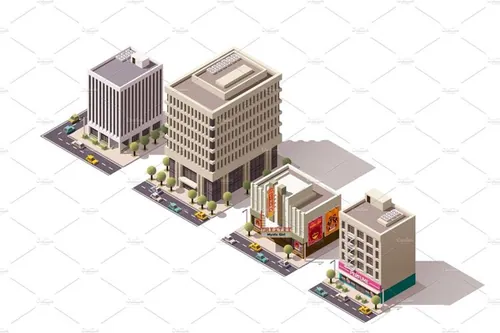 矢量等距楼房建筑插图素材Vector isometric buildings set