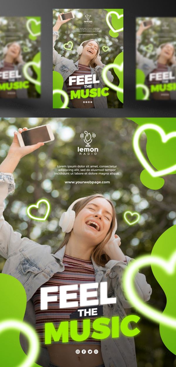 享受聆听音乐新媒体概念宣传海报PSD模板 Feel the music concept post template