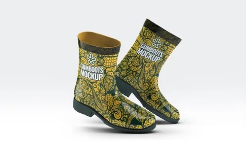 时尚摩登花纹雨鞋胶鞋包装模板 Short Ankle Gumboots Mock-Up