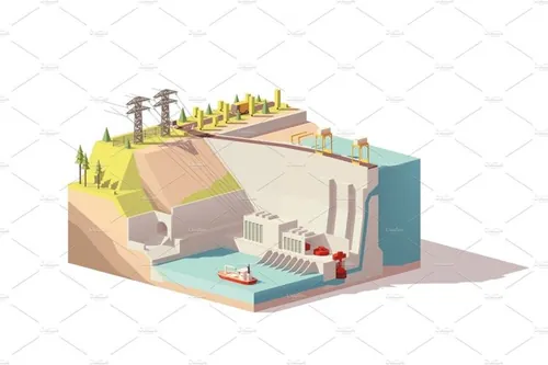 矢量等距水力发电站插图素材Vector low poly hydroelectric power station
