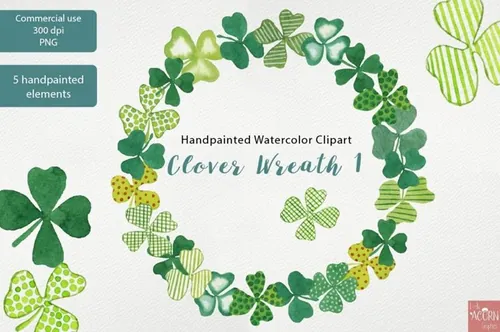 手绘水彩爱尔兰三叶草花环剪贴画素材 Clover wreat