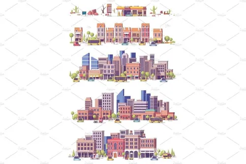 矢量低聚2D城市场景插图素材Vector low poly 2d city scenes