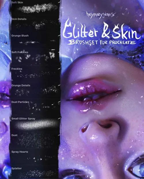 卡通动漫插画二次元美女BlingBling特殊皮肤笔刷 GlitterSkin Brushset Procreate