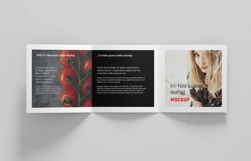 三折页传单设计贴图展示模板 Square trifold leaflet mockup