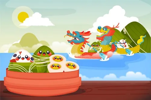 中国传统端午节卡通粽子龙舟EPS矢量插画素材
