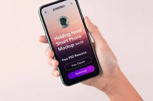优雅的手持iPhone手机UI设计界面贴图展示样机模板 Psd Hand Holding Phone Mockup
