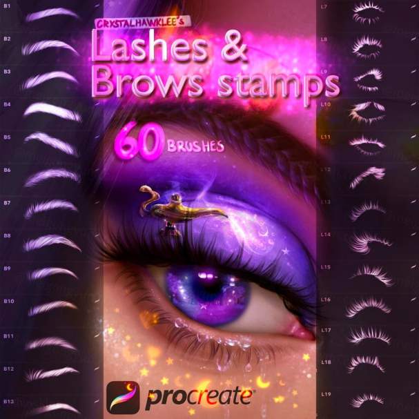 卡通动漫插画二次元美女眉毛睫毛笔刷 60 Eyelashes  Eyebrows for Procreate