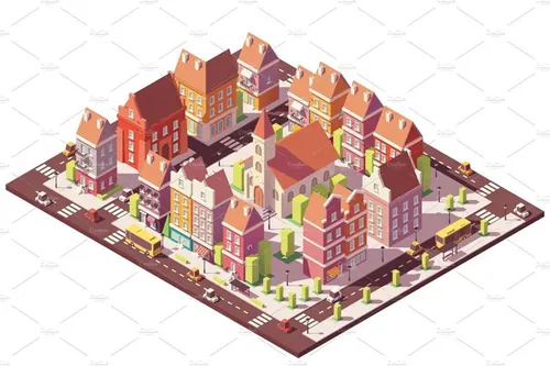 矢量城市街道建筑插图设计素材Vector low poly isometric old city center