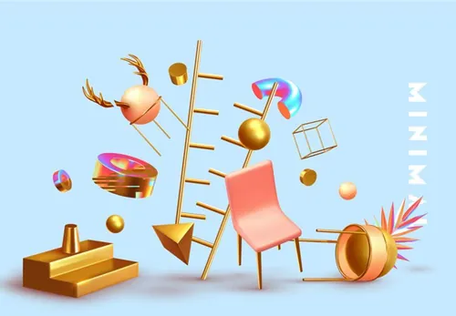 创意抽象海报金色棕榈叶金色球体圆形图案几何图形