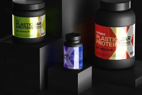 蛋白质营养剂药品罐瓶包装设计PSD样机贴图模板 Protein Psd Jar Bottle Mockup Set