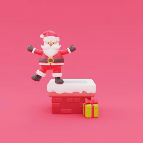 三维渲染可爱卡通圣诞老人圣诞节礼盒装饰品元素高清图片素材