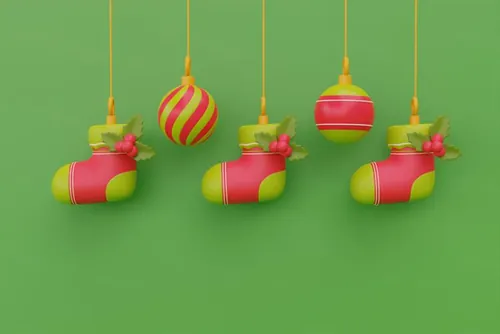 三维渲染可爱卡通圣诞彩球和袜子圣诞节礼盒装饰品元素高清图片素