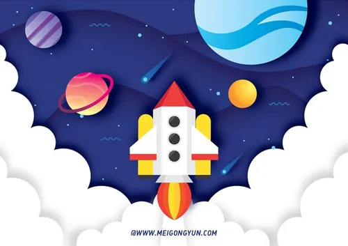 扁平化火箭升空宇宙星空星球月亮折纸效果矢量插图
