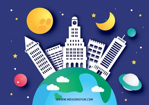 扁平化城市夜景宇宙星空星球月亮折纸效果矢量插图