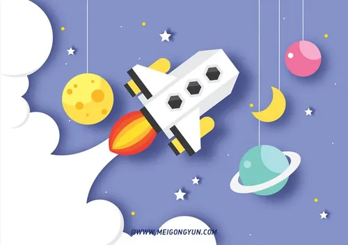 航天火箭扁平化宇宙星空星球月亮折纸效果矢量插图