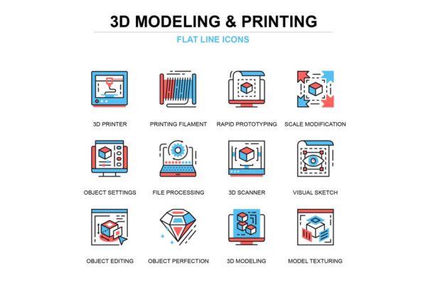 细线3D打印和建模图标icon集合