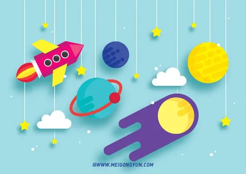 扁平化卡通宇宙星空星球月亮折纸效果矢量插图