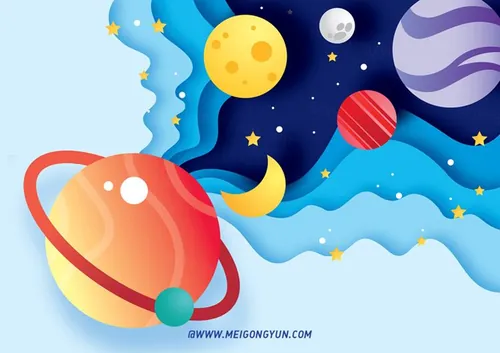 扁平化剪纸宇宙星空星球月亮折纸效果矢量插图
