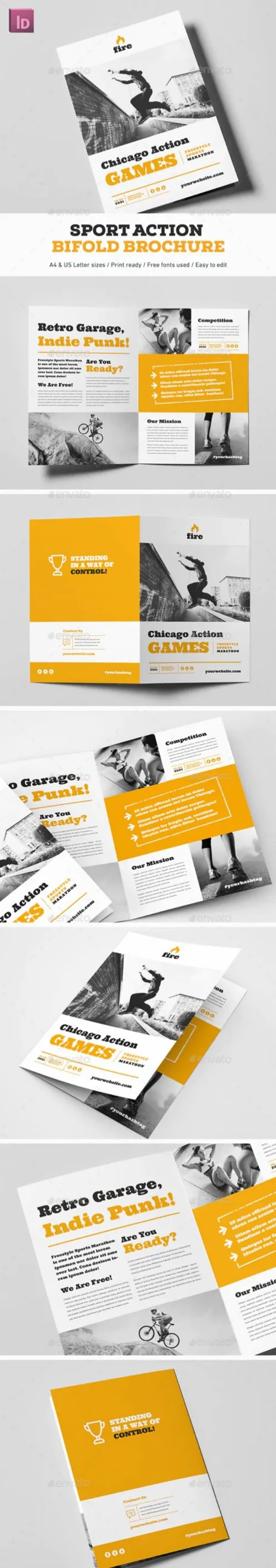 体育行动双折页图册设计模板 Sport Action Bifold Brochure 23751482