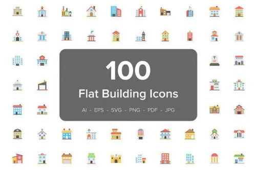 彩色扁平化建筑图标素材 100 Buildings Flat Vector Ic