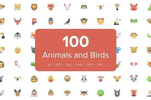 扁平化的动物和鸟的图标 100 Flat Animals and Birds I