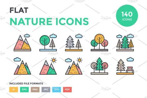 自然图标套装 125  Flat Nature Icons Set