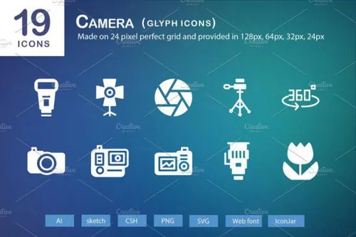 相机图形图标 19 Camera Glyph Icons