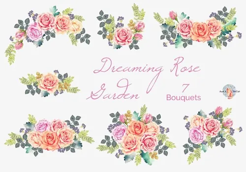手绘水彩花卉设计素材Dreaming Rose Garden Watercolor