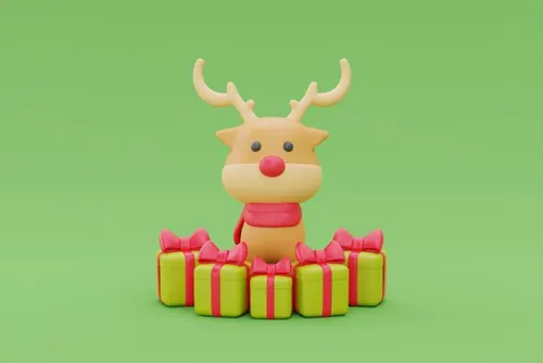 三维渲染可爱卡通麋鹿圣诞节礼盒装饰品元素高清图片素材