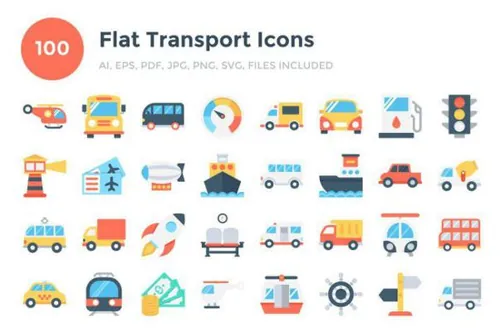 彩色的扁平化交通工具图标 100 Flat Transport Icons