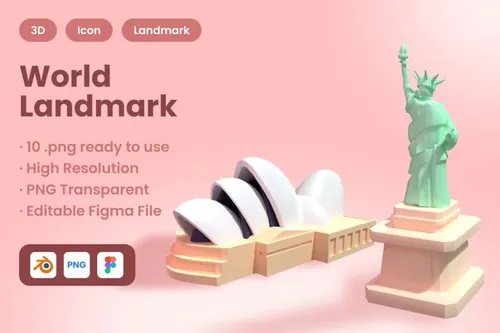 三维渲染卡通国家地标建筑3D插画素材 3D Country