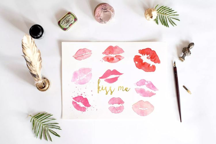 情人节手绘水彩唇印艺术数字剪贴画 Kisses. Valen