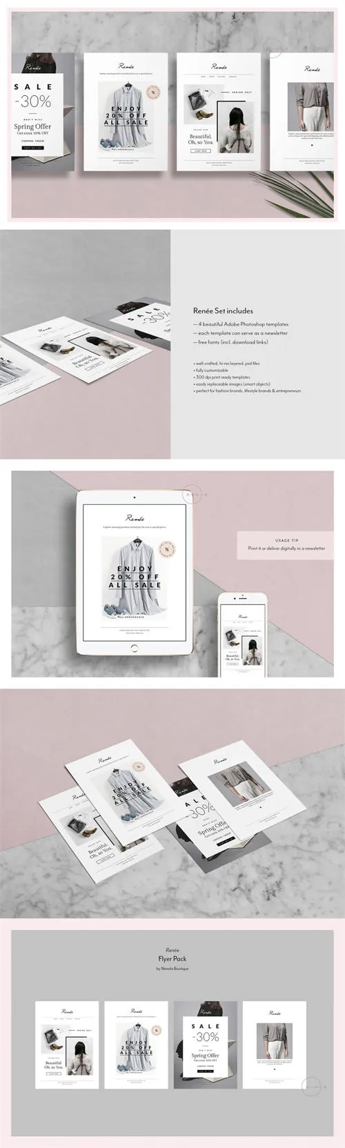 4个时尚的明信片式的海报传单模板 Fashion Postcard Flyers  Renée