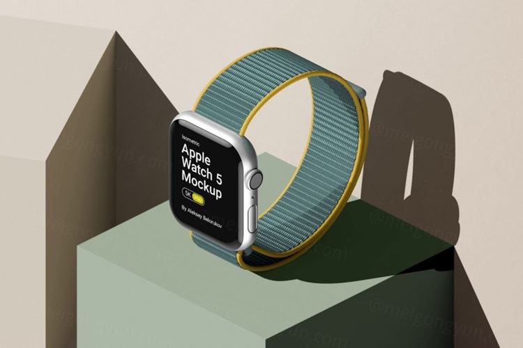 时尚等距视角苹果手表UI界面贴图展示样机模板 Stylish Scene With Iwatch 5 Mockup