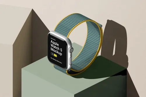 时尚等距视角苹果手表UI界面贴图展示样机模板 Stylish Scene With Iwatch 5 Mockup
