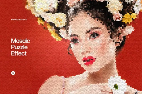 高质量马赛克拼图照片效果PSD模板 Mosaic Puzzl