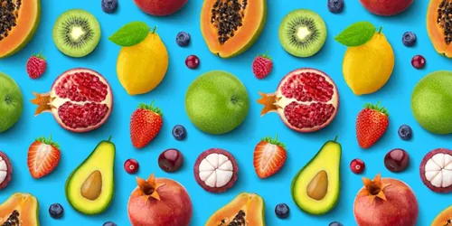 新鲜牛油果草莓猕猴桃樱桃柠檬葡萄夏季水果无缝拼接图案JPEG