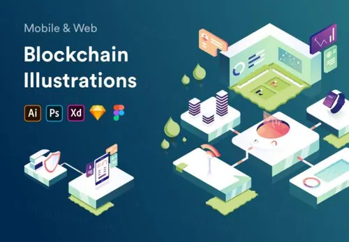 独特风格智能区块链分散支付供应链数据共享概念插画素材 Blockchain Il