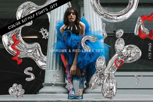 潮流3D虚拟服饰透明金属镀铬铝箔红色气球字母符号形状PNG免