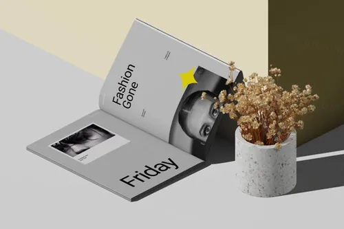 展开的A4杂志画册设计提案样机模板 A4 Open Magazine Against The Wall V1 Isometric