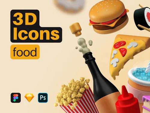 三维渲染卡通食物主题插画图标集 3D Icons Pack