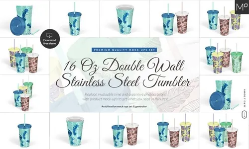 外卖不锈钢饮料杯包装设计提案样机PSD模板 16 Oz Stainless Steel Tumbler Mockup