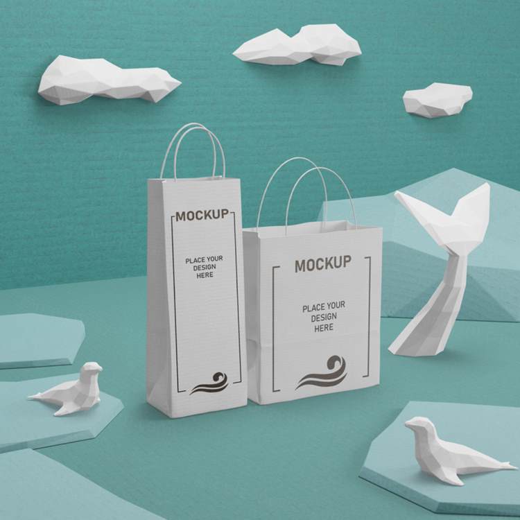 Low Poly 低多边形风格海洋生活场景概念纸盒包装贴图样机PSD模板