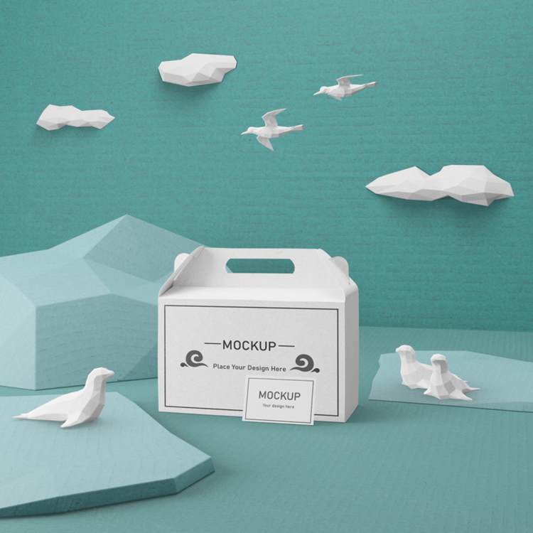 Low Poly 低多边形风格海洋生活场景概念纸盒包装贴图样机PSD模板