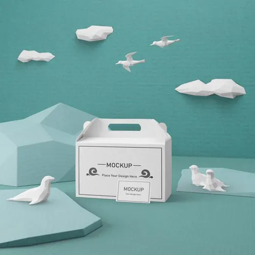 Low Poly 低多边形风格海洋生活场景概念纸盒包装贴图样机PSD模板