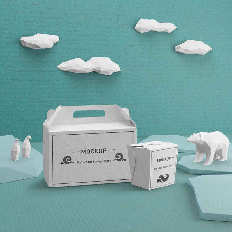 Low Poly 低多边形风格海洋生活场景概念纸盒包装贴图样机PSD模板