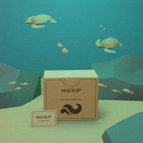 Low Poly 低多边形风格海洋生活场景概念纸盒包装贴图样机PSD模板