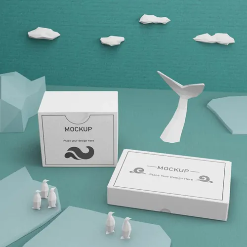 Low Poly 低多边形风格海洋生活场景概念纸盒包装贴图样机PSD模板