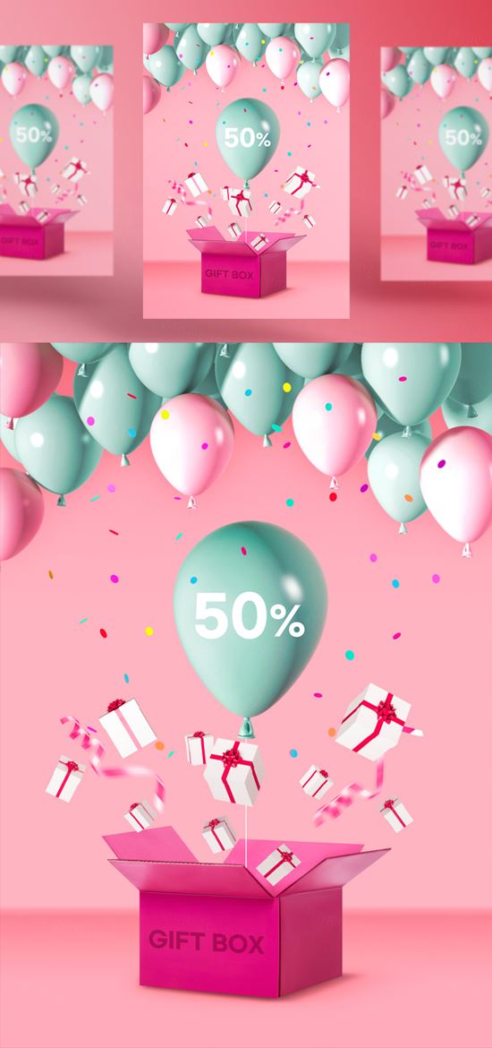 超高清3D卡通电商购物气球促销海报装饰PSD模板素材 Event Pang Pang