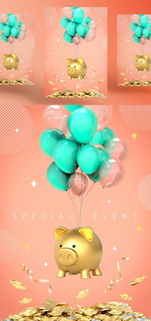 超高清3D卡通电商购物气球金猪促销海报装饰PSD模板素材 Event Pang Pang